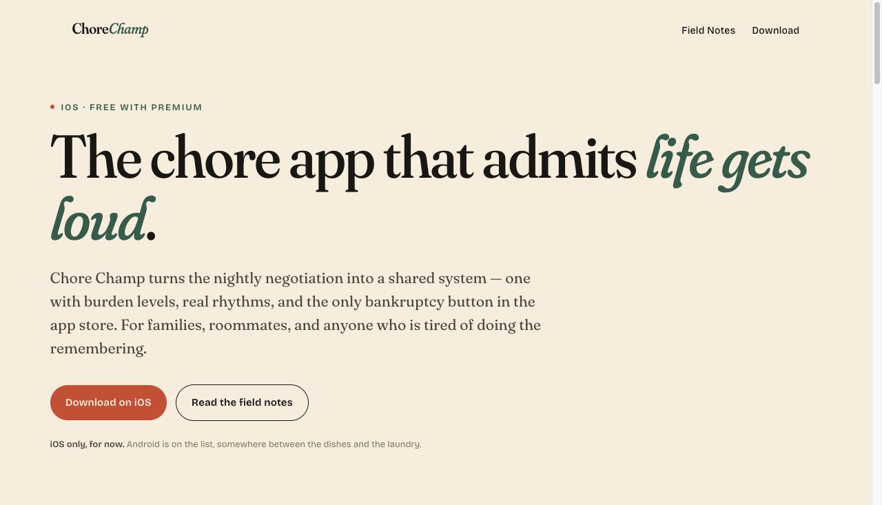 ChoreChamp — Marketing-Website mit Serif-Headline und rotem Akzent