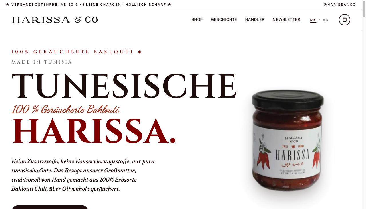 Harissa & Co — editoriale Markenwebsite mit großem Serif-Titel